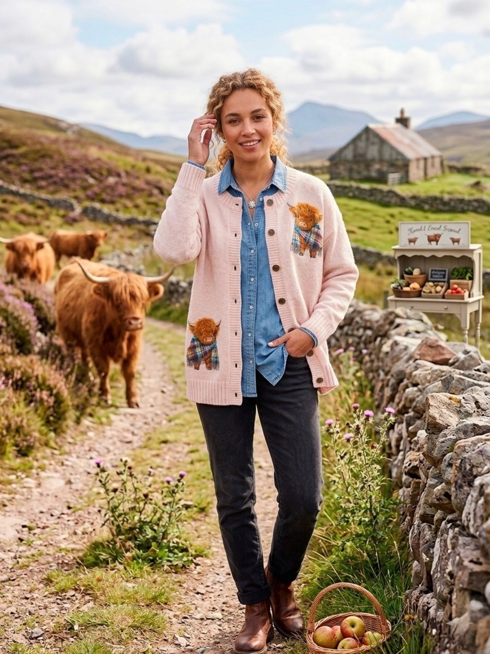 Cute Highland Cow Print Cardigan Sweater Beige Pink XL